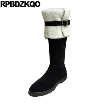 

long winter genuine leather real fur luxury tall belts shoes round toe suede slim thigh women boots knee high black over the
