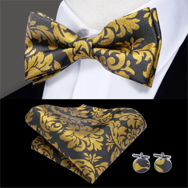 Hi-Tie Classic Black Bow Ties for Men 100% Silk Butterfly Pre-Tied Bow Tie Pocket Square Cufflinks Suit Set Floral Gold Bowties LH-516