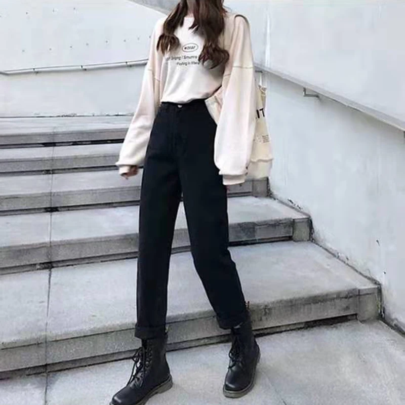 

Autumn Plus Size Black Women's Jeans High Waist Straight Pants Woman Loose Casual Ankle Length Pants Boy Friend Denim 4XL