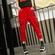 Ретро тренд, эластичная талия, полная длина, джинсовые штаны для женщин, Осенние, красные, с дырками, шаровары, женские штаны с принтом LT856S30