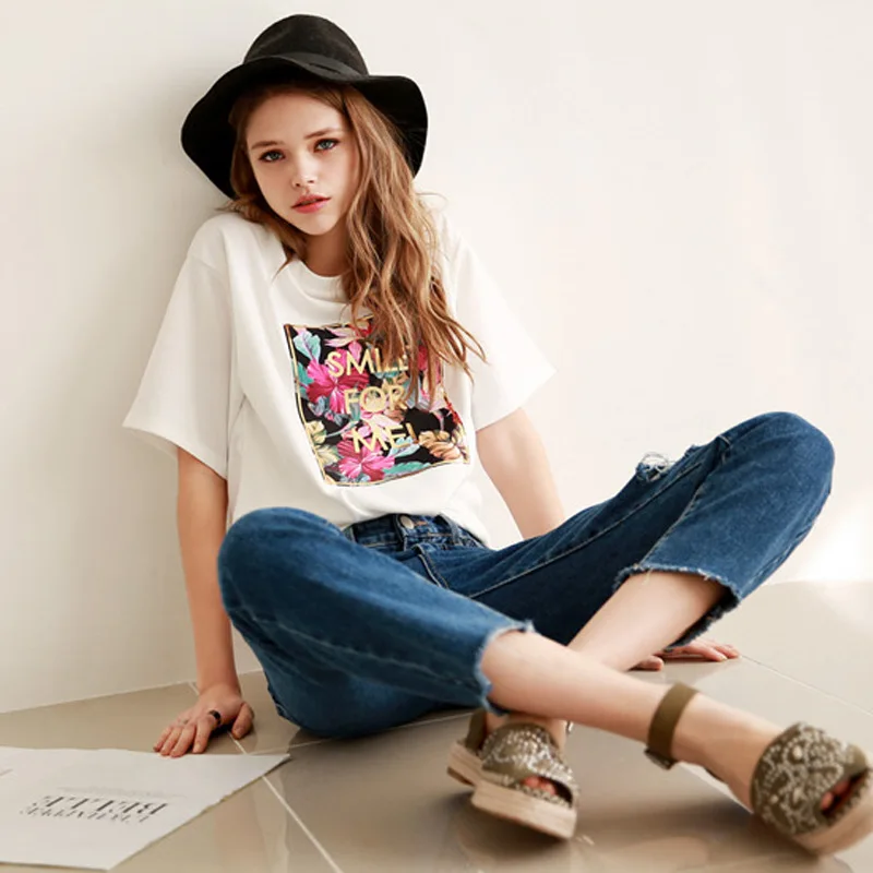 Camisetas Blusa Tumblr 2xl летняя Европейская Женская Студенческая Универсальная футболка с буквенным принтом рубашки из хлопка с воротником свободная футболка с рукавом