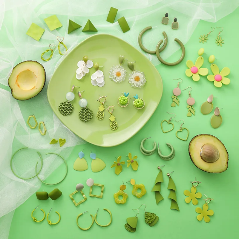 Retro Green Avocado Fruit Flowers Earrings Set Sweet Summer Geometric Matcha Fresh Green Female Simple Fashion Jewelry
