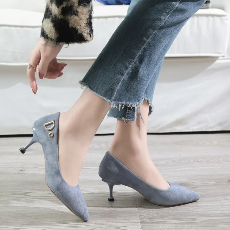 

2019 Spring New Style Korean-style Simple Suede High Heel Shoes Pointed-Toe Versatile Pumps Thin Heeled Slimming Metal Shoes