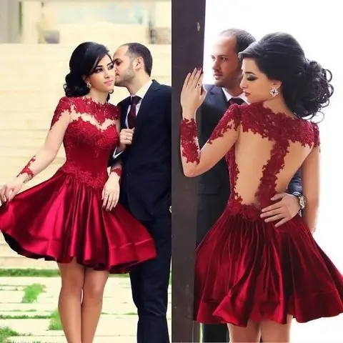 

Real Made Lace Appliques Long Sleeve Ball Gown Short Party Dress Short Scoop Neck Luxury robe de mariee bridesmaid dresses