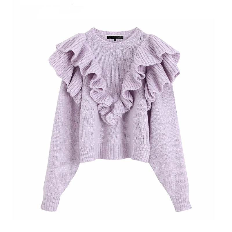 

Vintage Ruffles Short Knitted Sweater Women 2019 winter women sweater O Neck Long Sleeve Pullovers Chic Tops sweet Puff Femme