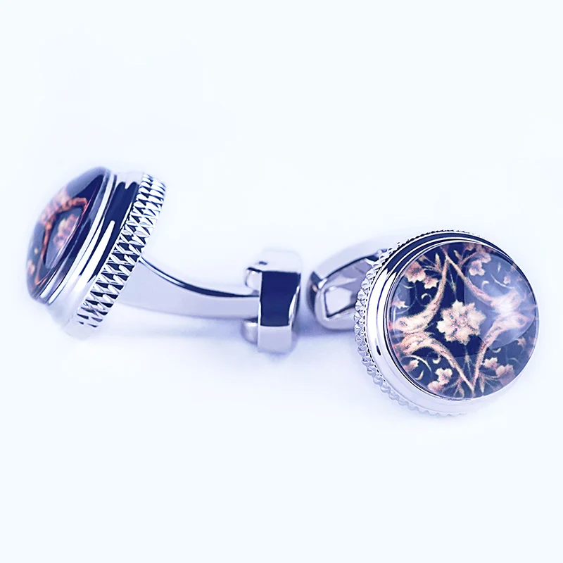Silver Color Mechanical Back Round Brown Mysterious Pattern High Quality Men Cufflinks  Jewelry for Gift