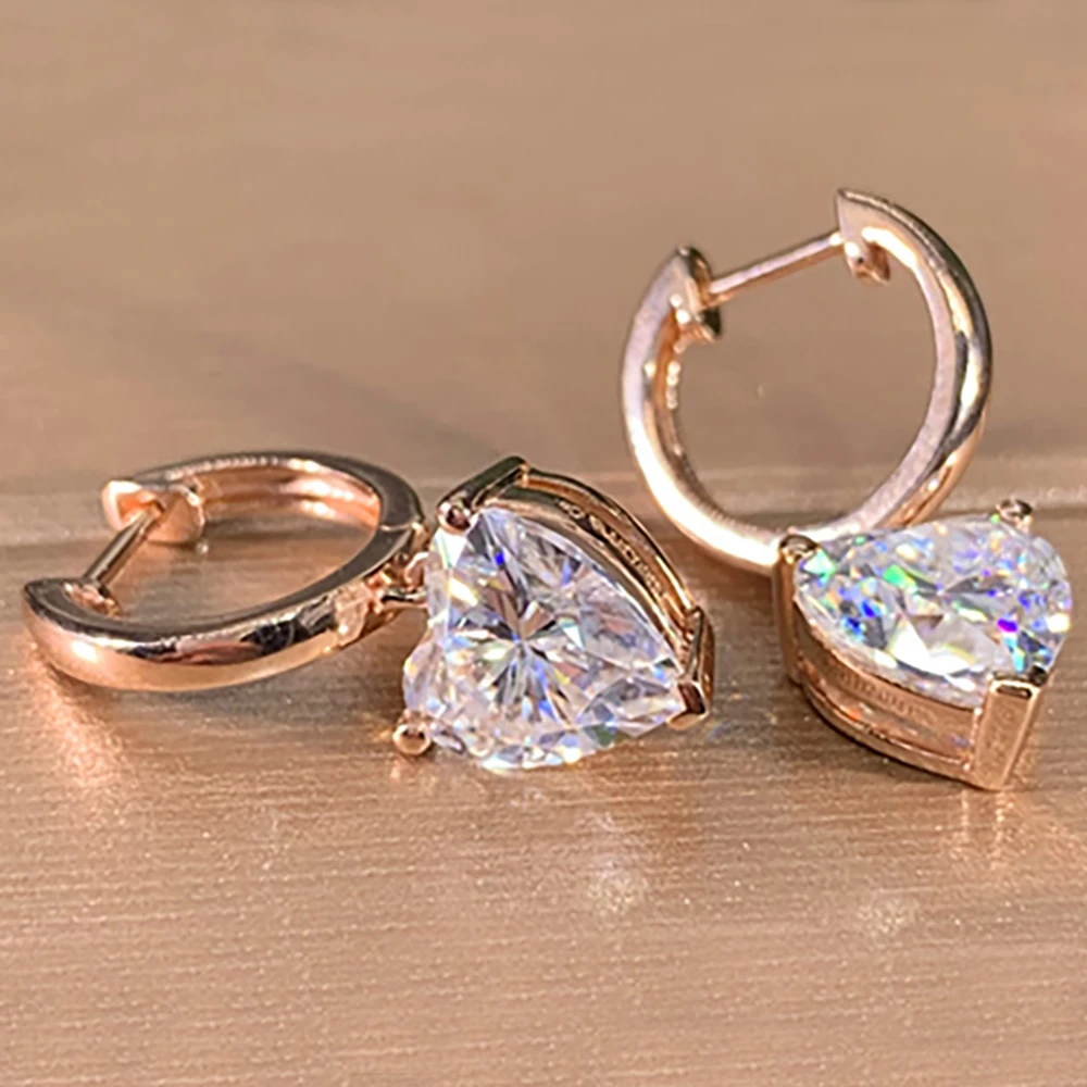 

Custom Solid 10K Rose Gold Women Drop Clip Hoop Earrings Moissanite Diamonds 1 2 3 Ct Heart Wedding Party Engagement Anniversary