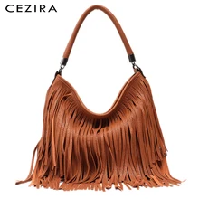 CEZIRA брендовая модная женская кожаная сумка в стиле хиппи с бахромой, женская сумка в стиле бохо, круглая сумка на плечо, женская сумка через плечо