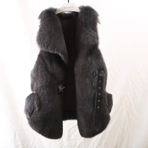 black OFTBUY натуральный Лисий Меховой жилет женская зимняя куртка с v-образным вырезом натуральный мех пальто толстая теплая овчина ремень уличная Новинка - Цвет: black