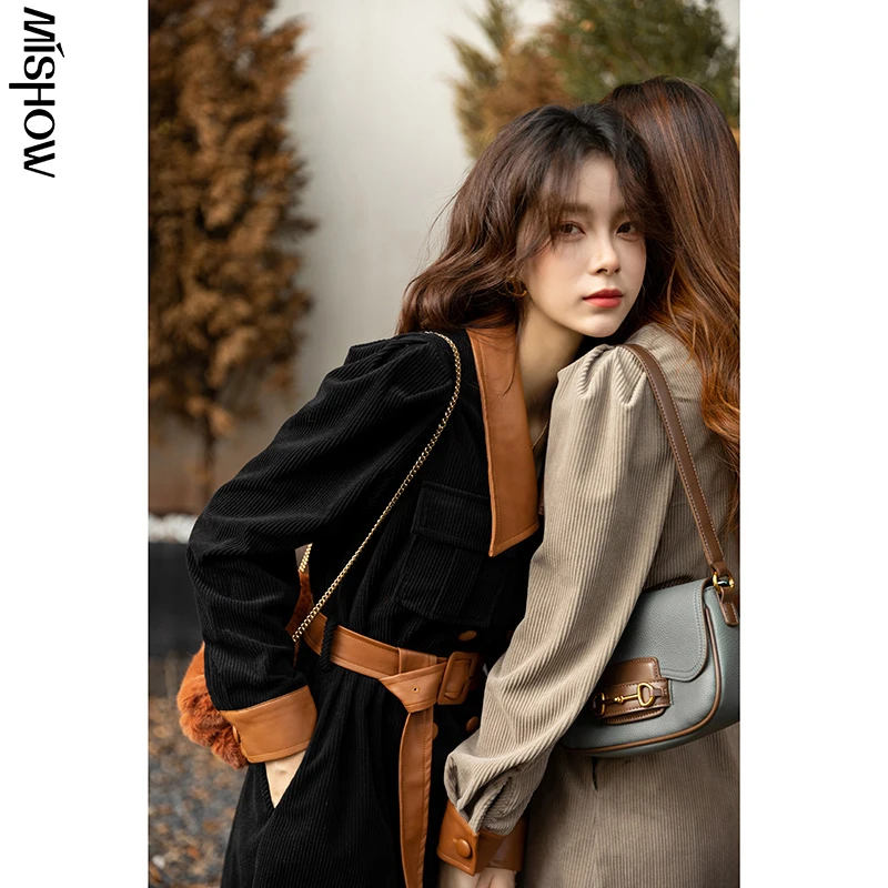 MISHOW 2021 Autumn Dresses For Women Thick Outdoor Streetwear Turn Down Collar Long Sleeve Warm Lady Vestidos MXA38L0454 | Женская