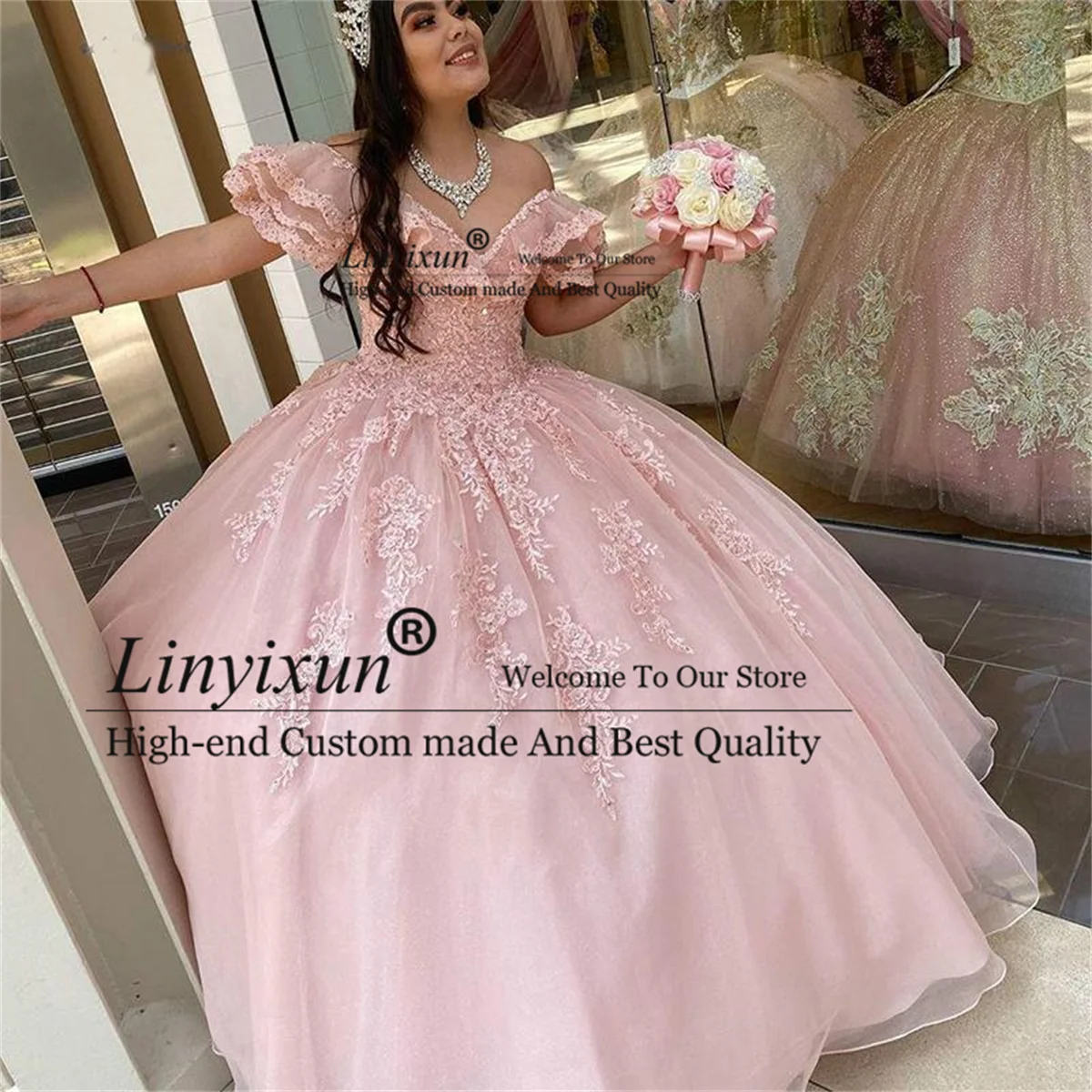 

Изысканное Розовое Бальное платье, платья для Quinceanera 2022, милое Тюлевое платье 16 с открытыми плечами и бисером, 15 лет