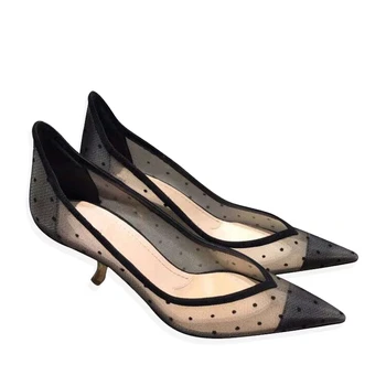 

Fashion mesh high heels womens shoes female summer new lace metal stiletto shallow V mouth pointed shoes Hot Sale Women's Pumps