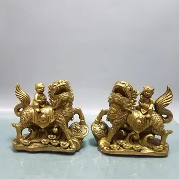 

wedding decoration Lucky China Seikos red bronze Donor God Beast Unicorn Statue Carving unicorn to send boy A pair of unicorns