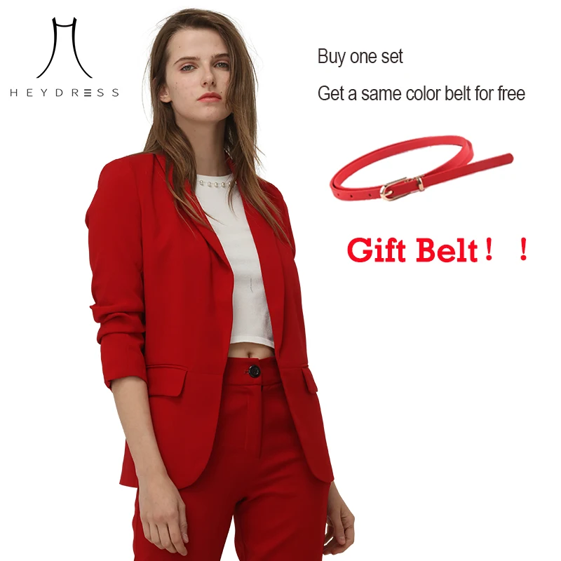 

Heydress autumn Fashion Red Blazer Suit Women OL Puff Sleeve Workwear Blazer Coat No Button Three Quarter Ladies Outwears