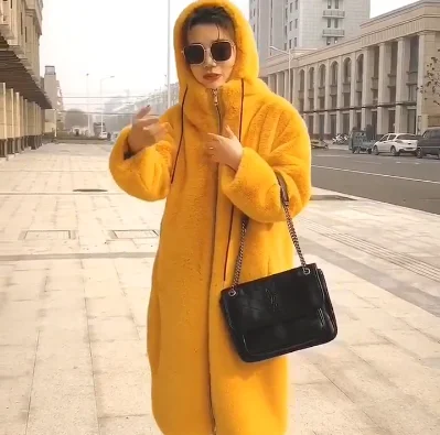 Зимнее пальто из искусственного меха женская утолщенная теплая парка с капюшоном длинное пальто повседневная куртка из искусственного меха на молнии плюс размер женская верхняя одежда 1067 - Цвет: yellow