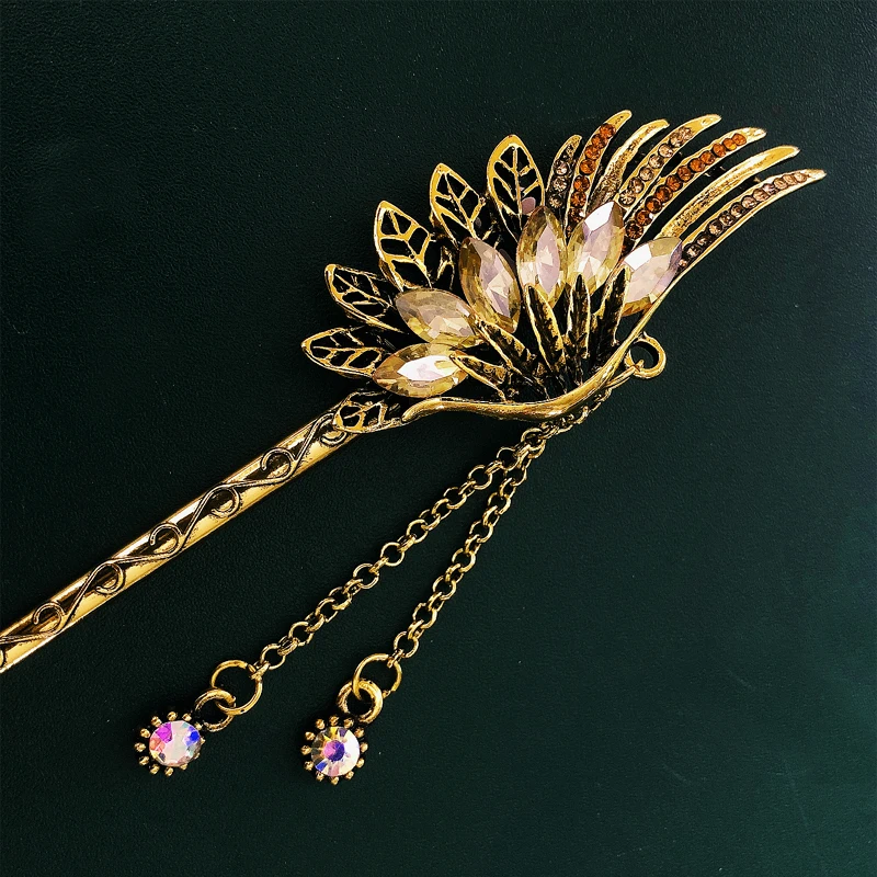 Morkopela Charm Feather Hair Stick Jewelry Vintage Crystal Hair Clip  Vinatge Women Bronze Jewelry pins