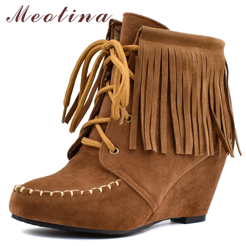 

Meotina Autumn Ankle Boots Women fringe wedges high Heel Short Boots Lace Up round toe Shoes female 2019 autumn Plus Size 34-46