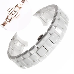 Ceramic Watch Strap Band Bracelet with Butterfly Clasp - Black/White, 18mm/22mm - 18mm (White rose gold)