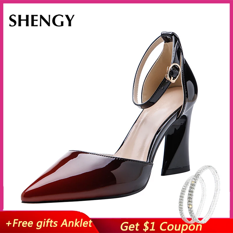 

2020 Office Gradient Color Fashion 8CM High Heels Women Luxury Design Pumps Pointed Toe Buckle Strap High Heels