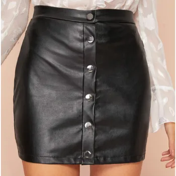 

Women Front Fitted Mini PU Skirts Clubwear 2020 Autumn Spring OL Black Single-breasted Short Wrap Dress