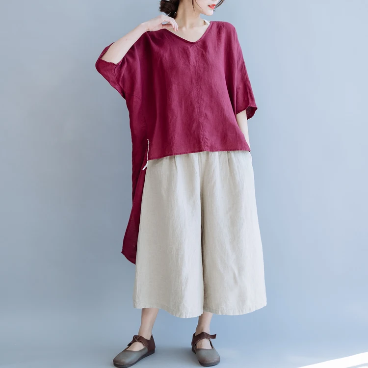 Женские Новые Осенние широкие укороченные повседневные свободные брюки длиной до икры с высокой талией, однотонные льняные брюки