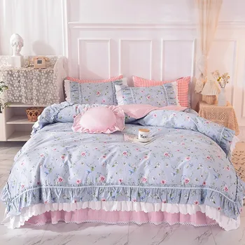 

100%Cotton Soft Duvet Cover set Farmhouse Floral Bedding Flowers French Countryside Chic Ruffles Bedding Set Bedskirt Pillowcase