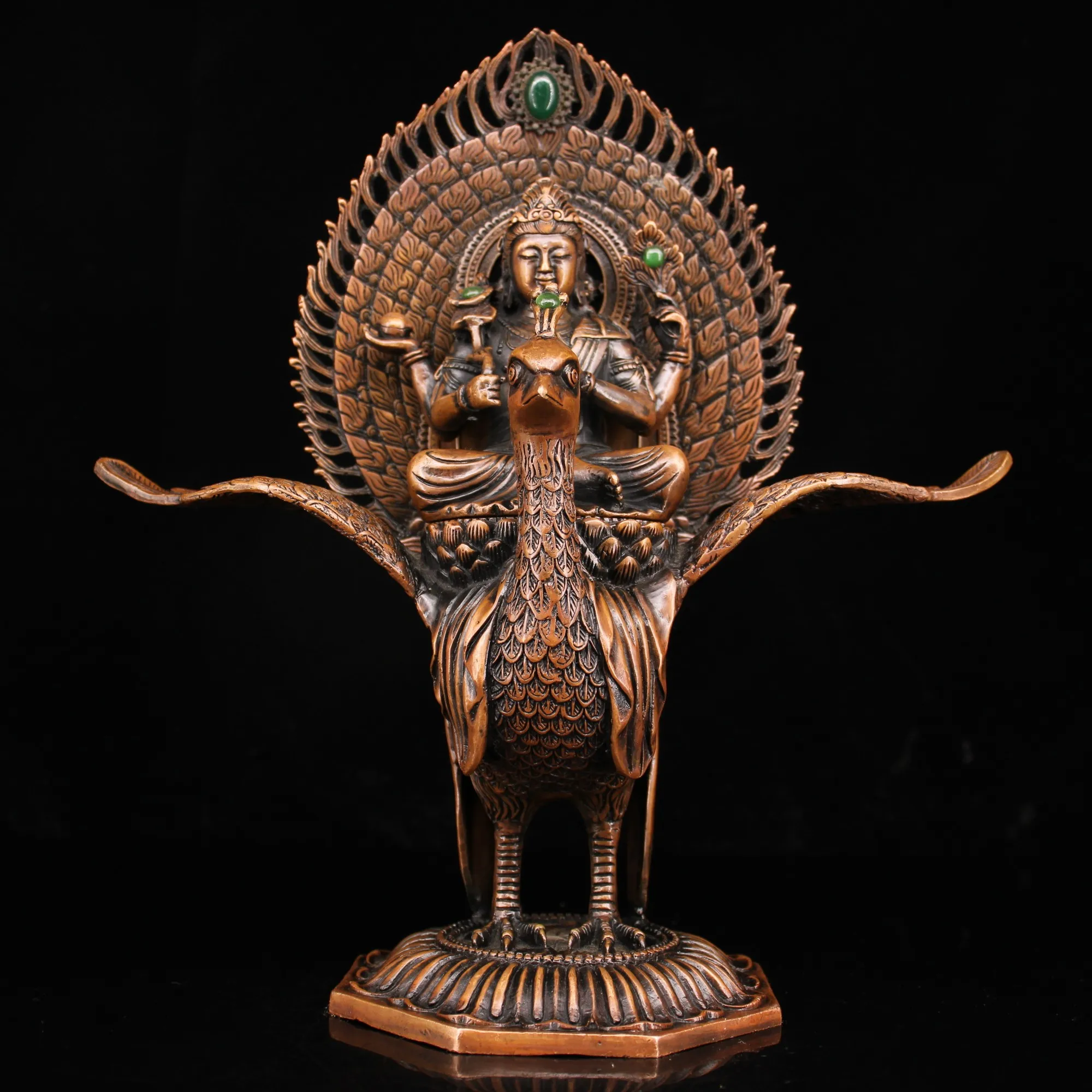

11"Tibetan Temple Old Bronze Mosaic Gem Mahamayuri Peacock King Bodhisattva Buddha Mother Great Peacock Worship Hall Town house