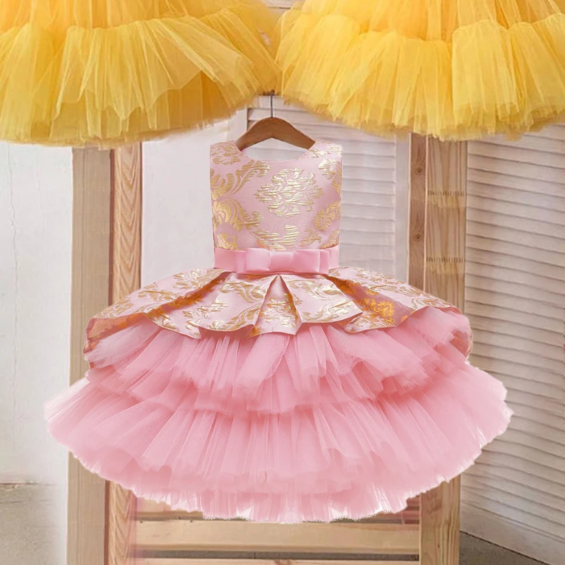 Платье для свадебной вечеринки с цветочным узором для девочек кружевное платье-пачка в стиле Лолиты с бантом для девочек, платье для школьной вечеринки, платье для сцены для детей возрастом от 3 до 12 лет, Vestidos