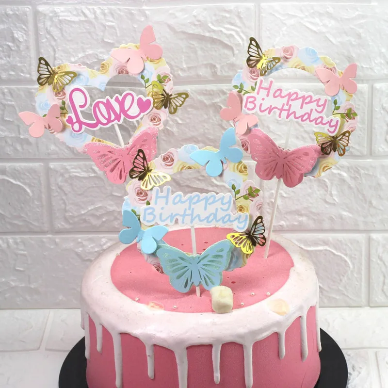 Счастливое украшение для именинного торта Бабочка Цветочный венок торт топперы для девочек День Рождения украшения для свадебного торта детский душ вечерние торт Fla