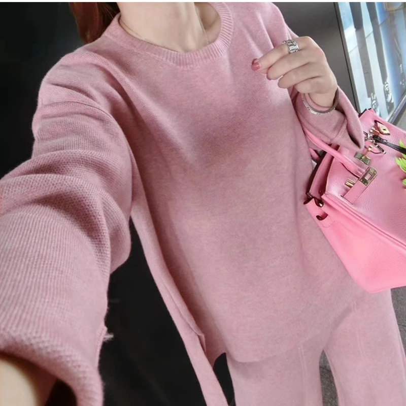 Новинка, осенне-зимний вязаный комплект со штанами, качественный женский розовый вязаный плотный свободный спортивный костюм со свитером, комплект из 2 предметов+ широкие штаны