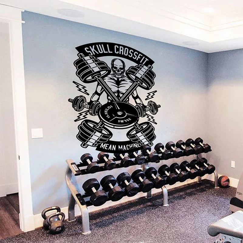 Large Skull Crossfit Fitness Dumbbells Wall Sticker Gym Fitness Motiational Quote Exercise Wall Decal Vinyl Decor (2)