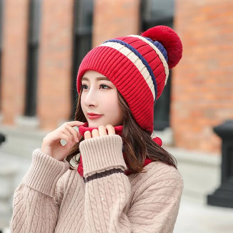 Высококачественная зимняя вязаная шапочка Skullies Beanies шапки женские теплые Толстая шляпа женская вязаная Круглая Шапочка наборы для езды на велосипеде