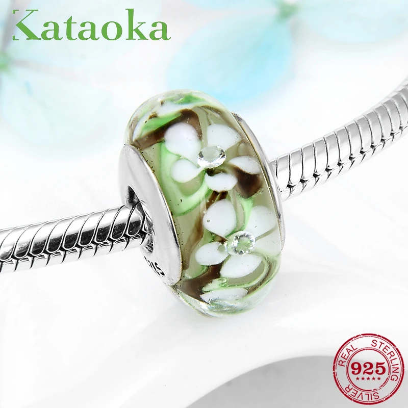 Silver 925 Poetic Green white Flower Murano Glass Beads Fit Original European Bracelet Charms Fashion Jewelry | Украшения и