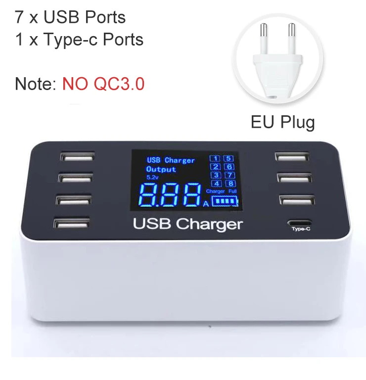 GOOJODOQ Quick Charge 3,0 40W 8-Порты и разъёмы USB Зарядное устройство/Тип C/PD Зарядное устройство Smart светодиодный Дисплей USB адаптер быстрой зарядки для телефонов и планшетов - Тип штекера: C-EU Plug