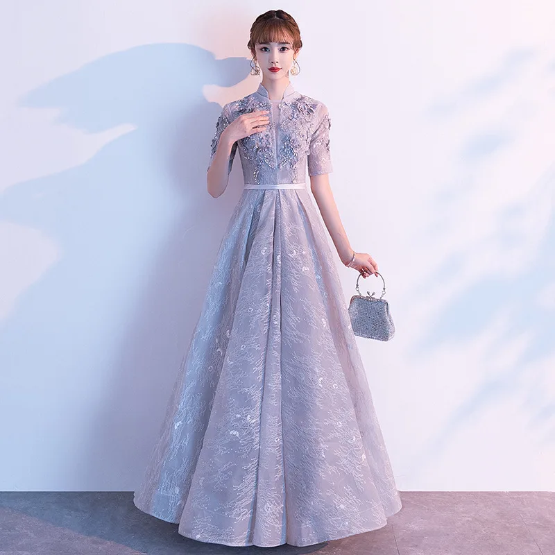 

Mingli Tengda Silver Grey Evening Dress Woman Lace Half Sleeves Long Formal Dresses High Neck Beaded Robe De Soiree Abendkleider