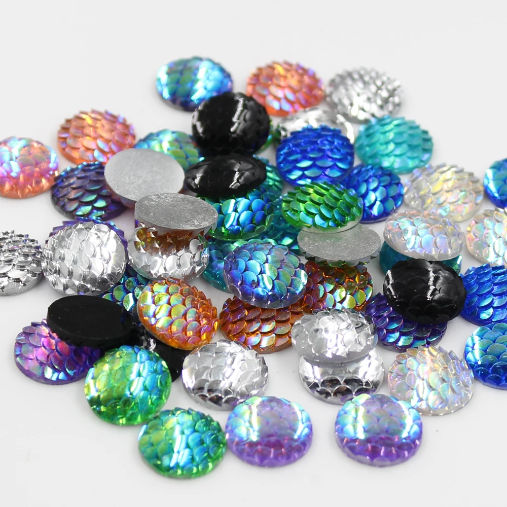 

New Fashion 50pcs 12mm Mix Colors Mermaid Fish Scale Flat back Rhinestone Round Cabochon Embellishment Scrapbooking DIY Crafts