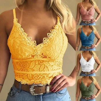 

Women Plus Size Vest Crop Wire Free Lingerie Sexy V-Neck Camisole Underwear Sleeveless Lace Bralette Top Female Lace Underwears