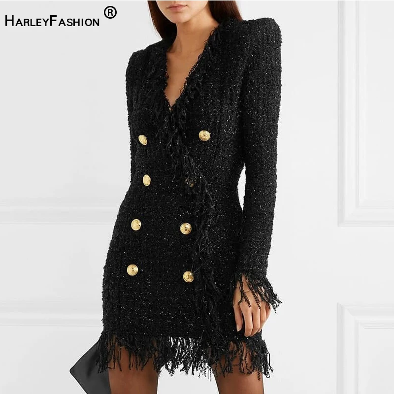 Harleyfashion 2019 Herfst Winter Ontwerp Sexy V-hals Double Breasted Tweed Slanke Rechte Kwastje Jurk Hoge Kwaliteit Harleyfashion 2019 Herfst Winter Ontwerp Sexy V-hals Double Breasted Tweed Slanke Rechte Kwastje Jurk Hoge Kwaliteit