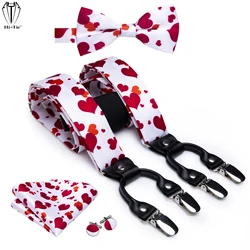 Hi-Tie Woven Silk 6 Clips Mens Suspenders Set White Red Hearts 4PC Male Braces Bowtie Hanky Cufflinks For Wedding Boyfriend Gift