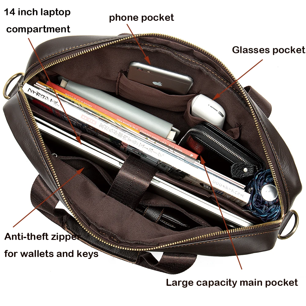 WESTAL-maletines de piel auténtica para hombre, bolso de mensajero para ordenador portátil de 14 pulgadas, para oficina y negocios, 8572