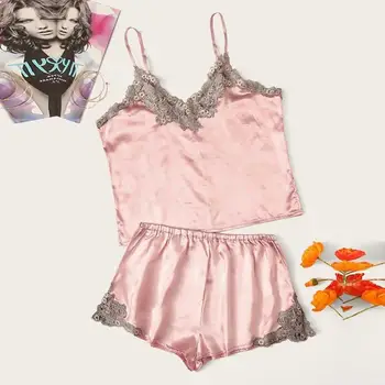 

Pajamas Women Summer Sexy Lingerie Pink Lace Satin Silk Embroidery Patchwork Shorts Home Suit Pijama Mujer Pyjamas Dropshipping#