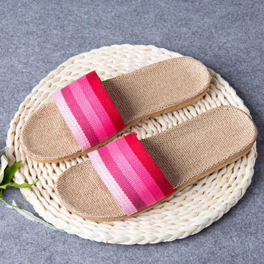

Linen Strip graffiti 4 type colour slippers Women Men summer slippers beach Home Indoor slippers Open Toe Flats Shoes Slipper