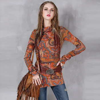 

Brand Women's Clothing 2020 Spring Printed New Cotton And Linen Bottoming Shirt Ethnic Style Buckle Long-sleeved Slim T-shirt