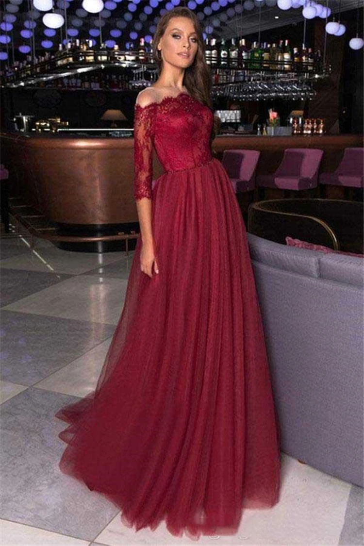 

Burgundy New Prom Dresses Half Sleeve jewel Lace Long Sleeve Evening Gowns Arabic Formal Party Dress Sweep Train Robes de soirée