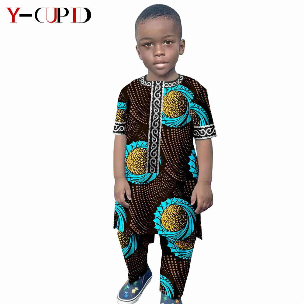 african attire African Clothes for Kids Boys Outfits Custom Ankara Print Tops and Pants Sets Bazin Riche Traditional Children Clothing Y214001 african gowns