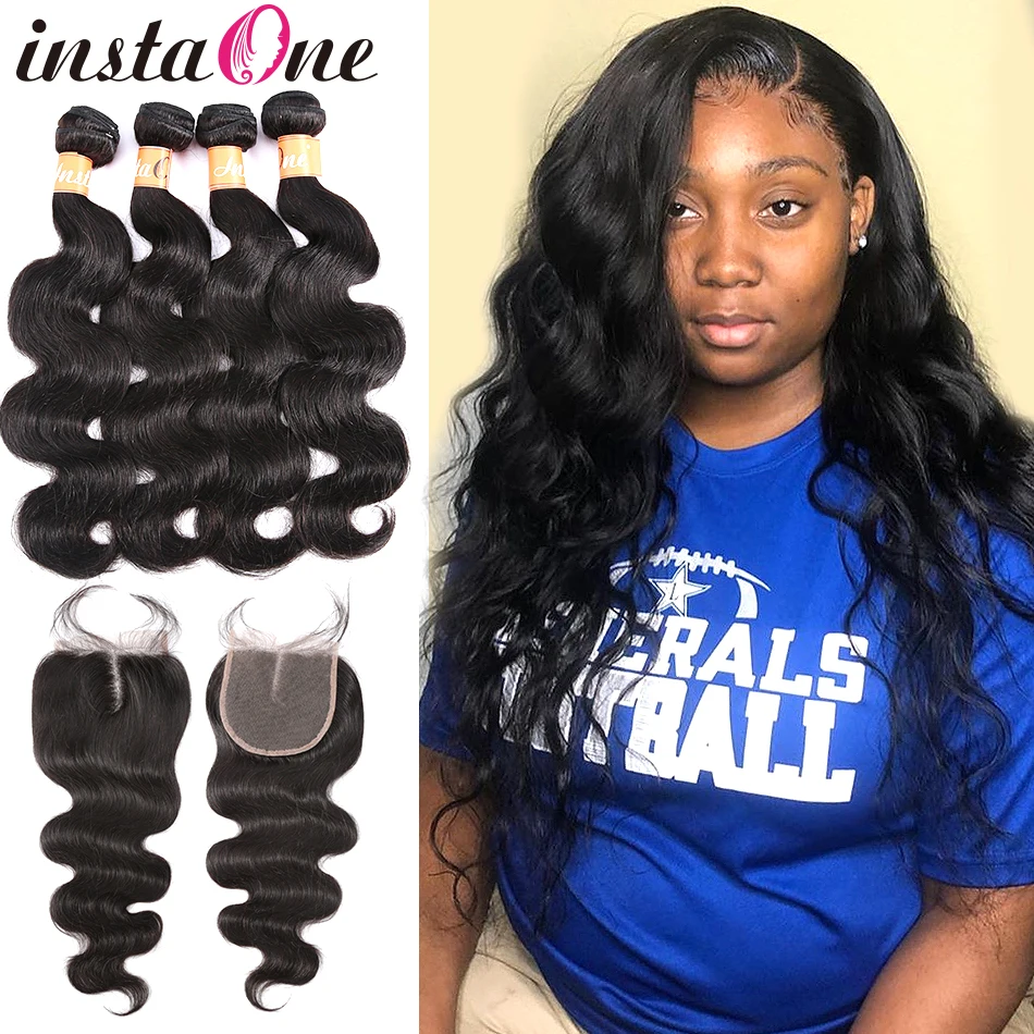 

Instaone Brazilian Hair Weave 3/4 Bundles With Lace Closure Virgin Body Wave 100% Human Hair Extension Weaves with 4*4 Closures