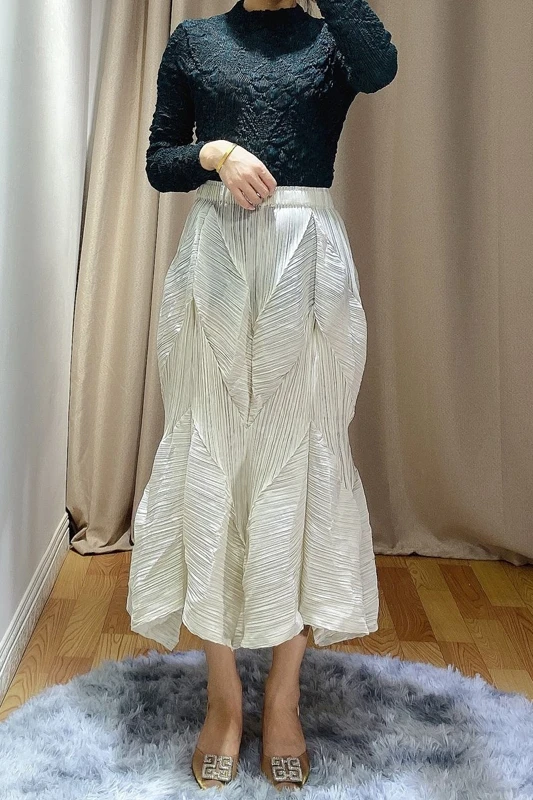 Бежевый Miyake/весенне-летняя плиссированная юбка с эластичной резинкой на талии, однотонная воздушная юбка средней длины с цветочным принтом - Цвет: Бежевый