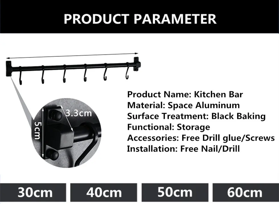 Description Picture 3 of itemWall Mounted Space Aluminum Pantry Tool Holder, Single Bar, Easy Storage Knife Rack Strip for Kitchen Utensil Tool, Sundry Hooks