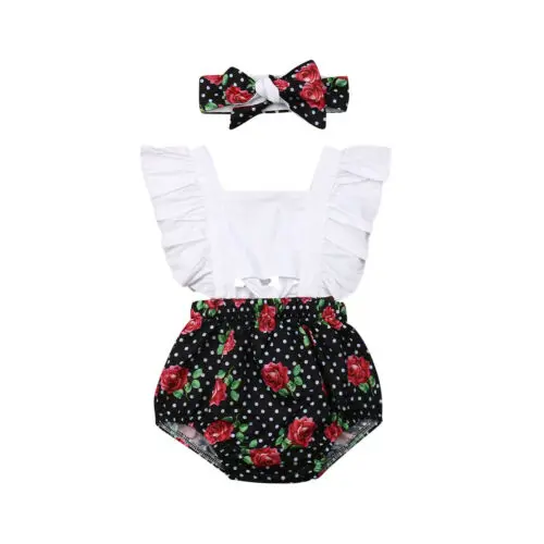 

0-2T Baby Girl Summer Clothing Set Baby Girls Patchwork Romper +Headband 2pcs Outfits Sets New Birthday Party Clothing