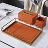 European Modern Simple Accents Home Tabletop Rectangle Shape Orange Leather Storage Tray With Gold Plating Metal Standing Way 2